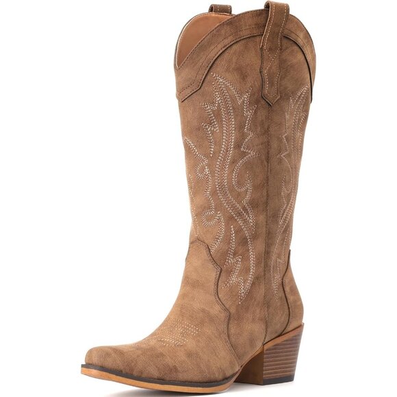 Women's Chunky Heel Mid Calf Snip Toe Embroidery Western Elegance Brown Boots - Picture 3 of 5